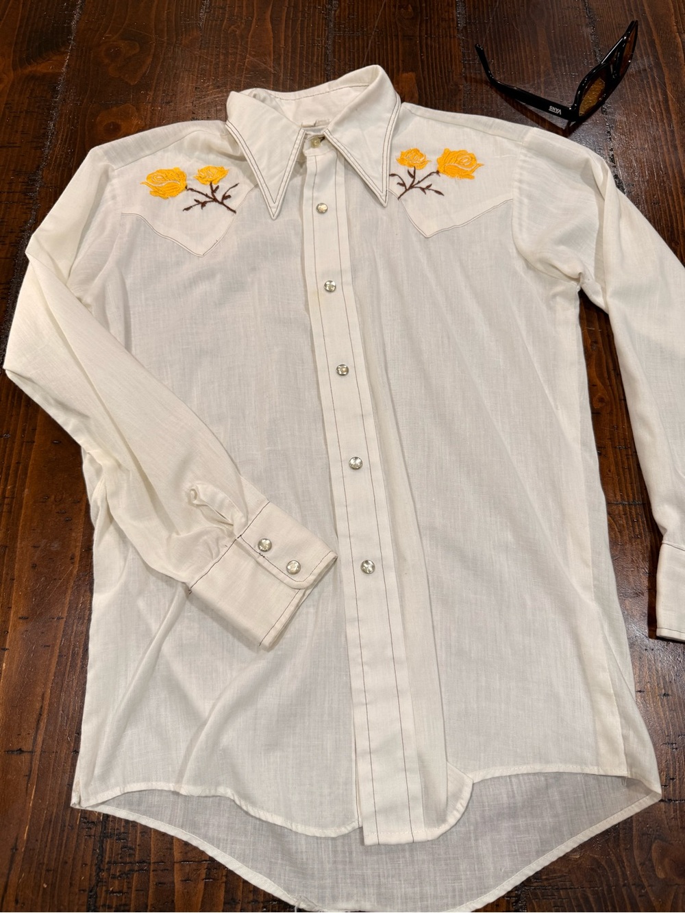 Men's Cream Western Button-Down Shirt with Yellow Rose Embroidery